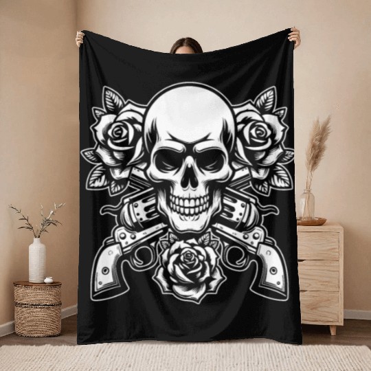 Skeleton Roses Guitar Roses Skull Guns Throw Blankets