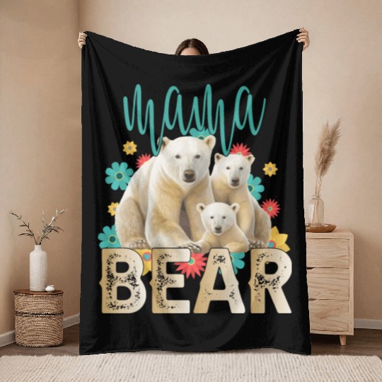 Mama Bear Gift Rose Flowers Mama Bear with 2 Cubs Throw Blankets