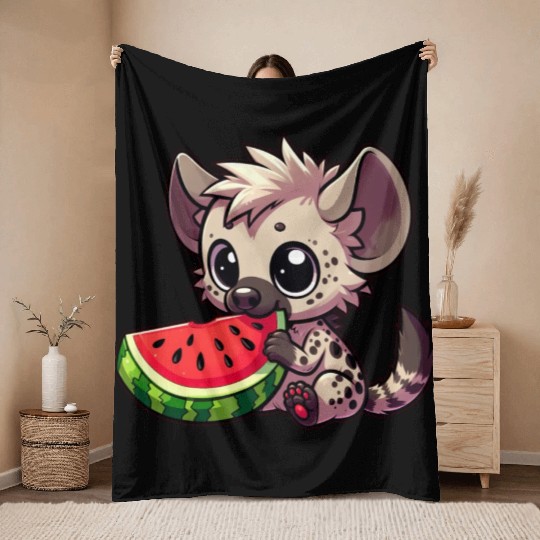 Hyena with Watermelon Summer Fruit Throw Blankets