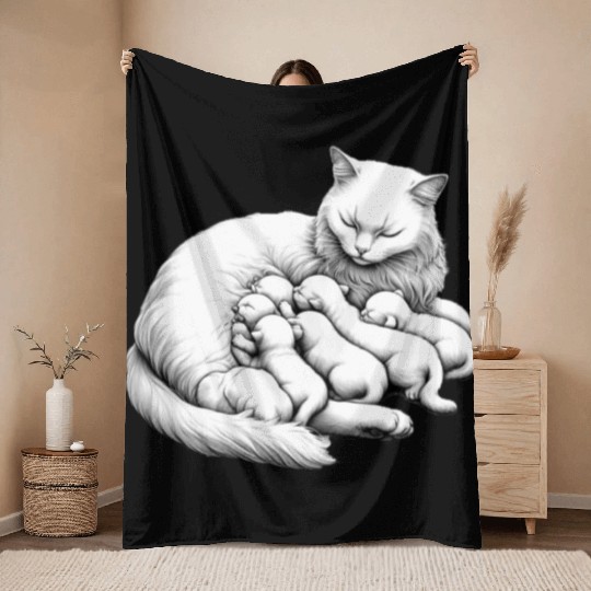 Breastfeeding Mother Cat Throw Blankets