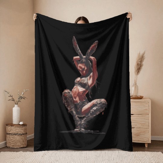 Warrior Bunny Ears Fantasy Art Powerful Pose Throw Blankets