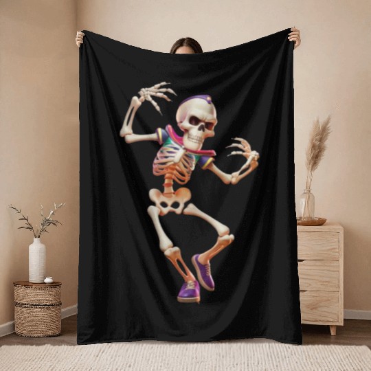 Skeleton With Headphones Dancing to the Beat Throw Blankets