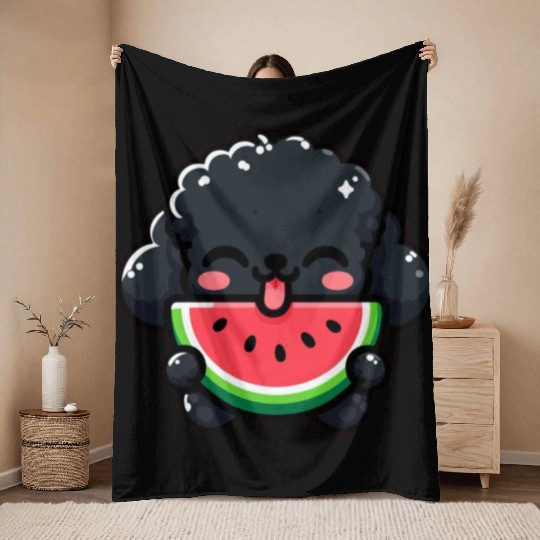 Summery Poodle with Watermelon Throw Blankets