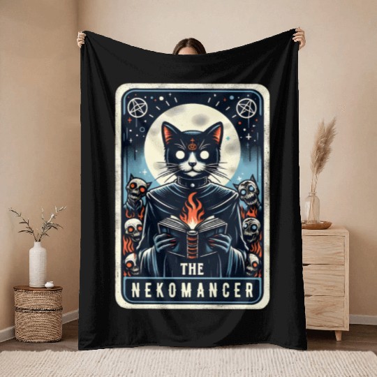 The Nekomancer Funny Tarot Necromancer Cat Pun Throw Blankets
