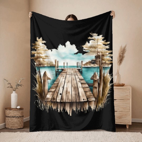 Wooden Dock By A Peaceful Lake Throw Blankets