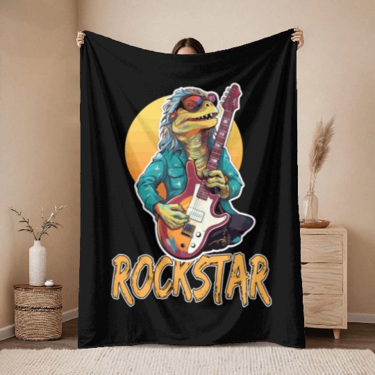 Rockstar Reptile Musician with Electric Guitar Throw Blankets