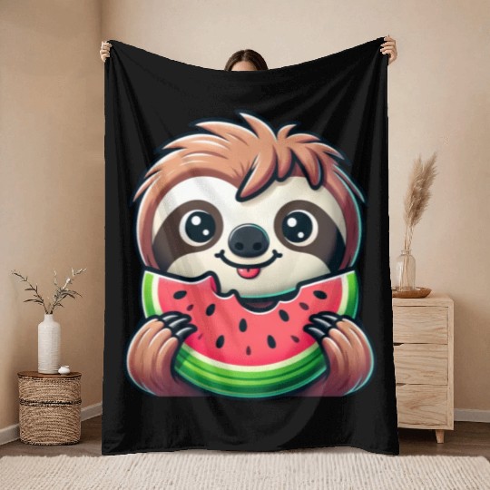 Sloth Summer Fruit Melon Throw Blankets