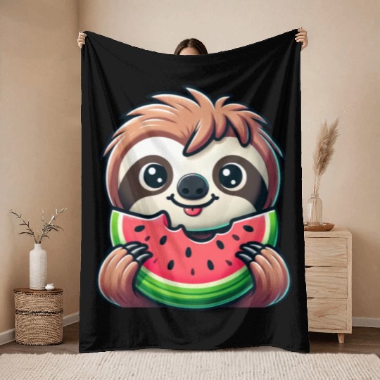 Sloth Summer Fruit Melon Throw Blankets