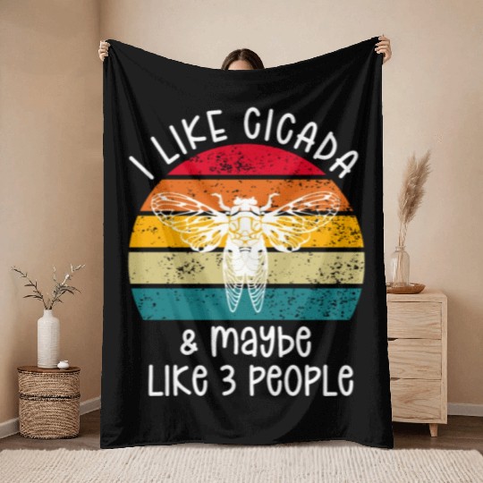 I Like Cicada & Maybe Like 3 People, Retro Sunset Throw Blankets