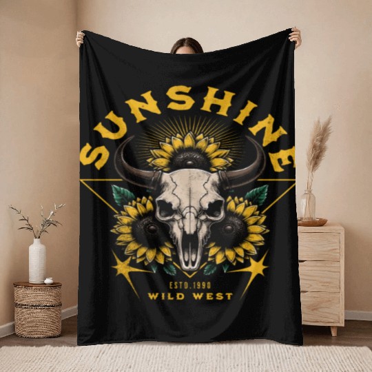Skull Bull Sunflower Throw Blankets