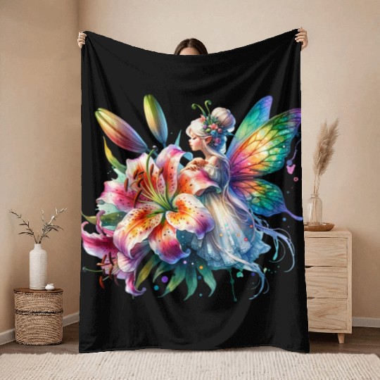 Tiger Lily Fairy Floral Fantasy Watercolor Throw Blankets