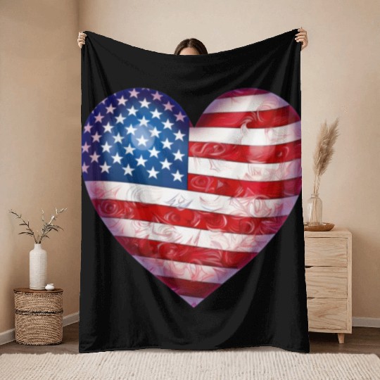 4th Of July US flag heart Throw Blankets