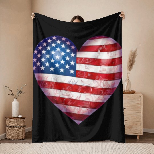 4th Of July US flag heart Throw Blankets