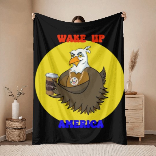 Wake Up America - Bald Eagle Drinking Coffee Throw Blankets