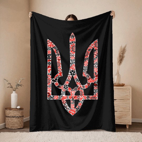 Ukraine trident Tryzub in red and black colors Throw Blankets