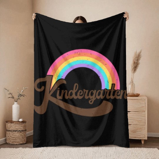 Kindergarten Retro Vintage Rainbow Teacher Appreci Throw Blankets