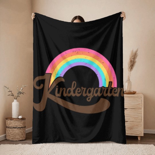 Kindergarten Retro Vintage Rainbow Teacher Appreci Throw Blankets