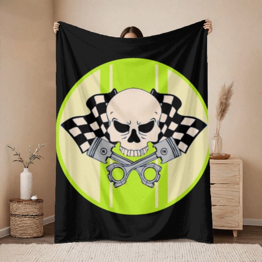 Light green racing stripe with skull and pistons Throw Blankets