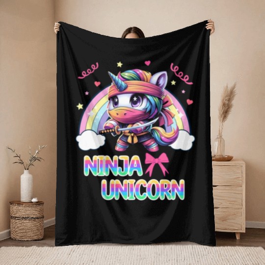 Ninja Unicorn Cute Rainbow Unicorn Fighter Throw Blankets