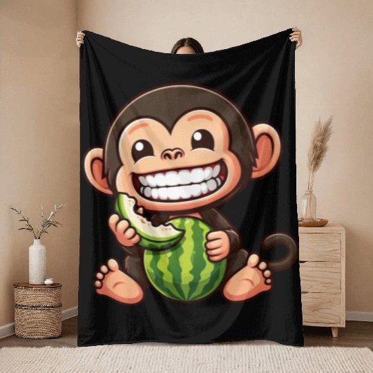 Monkey chimpanzee melon watermelon honeydew melon Throw Blankets