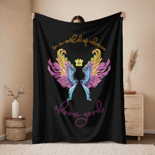 Neon angel wings with a crown Throw Blankets