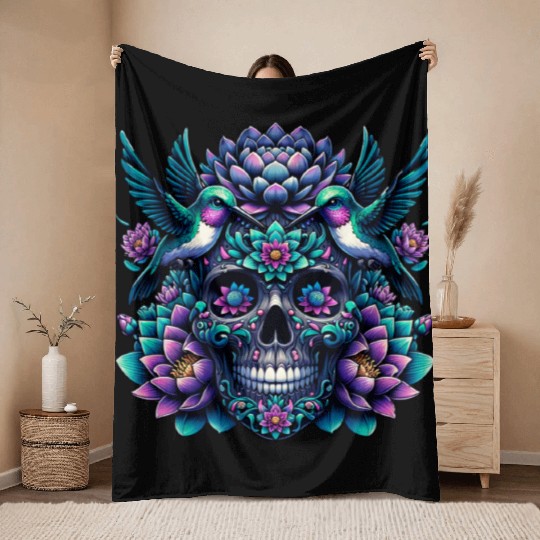 Unique Skull Print with Colorful Floral And Birds Throw Blankets