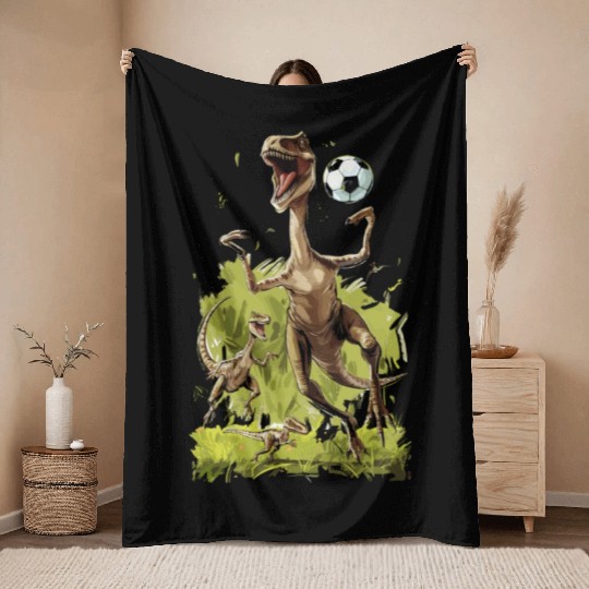 Soccer Ball Velociraptor Dinosaur Football Throw Blankets