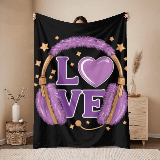 Purple Love Music Headphones with Stars and Heart Throw Blankets