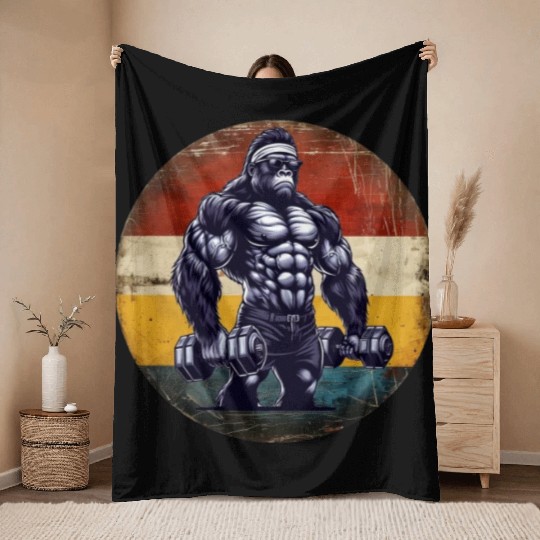 Muscular Gorilla Bodybuilder Gym Workout Sunset Throw Blankets