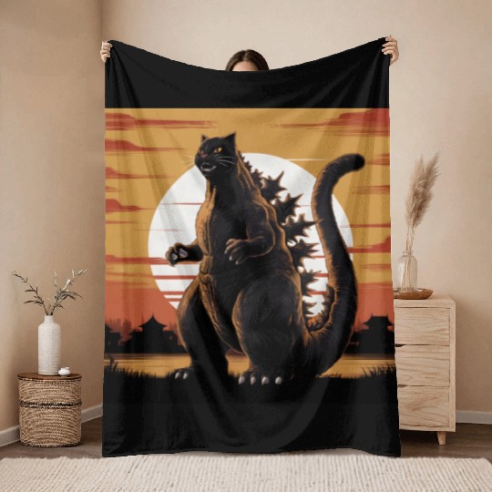 Catzilla Cat Japanese Art Funny Cat Gifts Throw Blankets