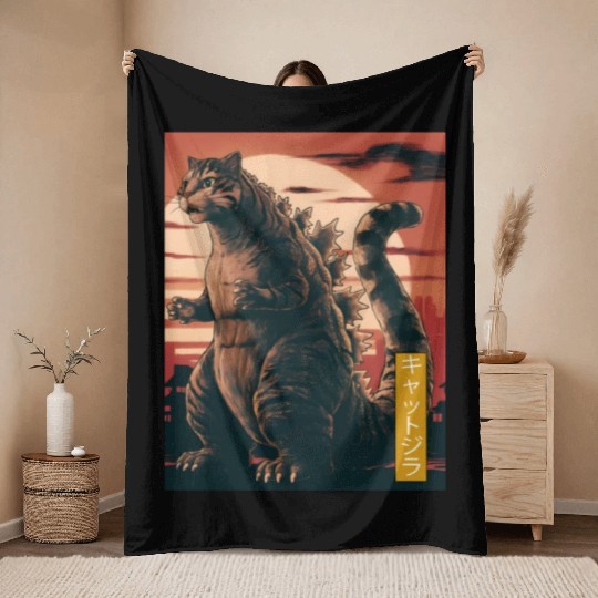 Funny Cute Cat Art Japanese Sunset Retro Catzilla Throw Blankets