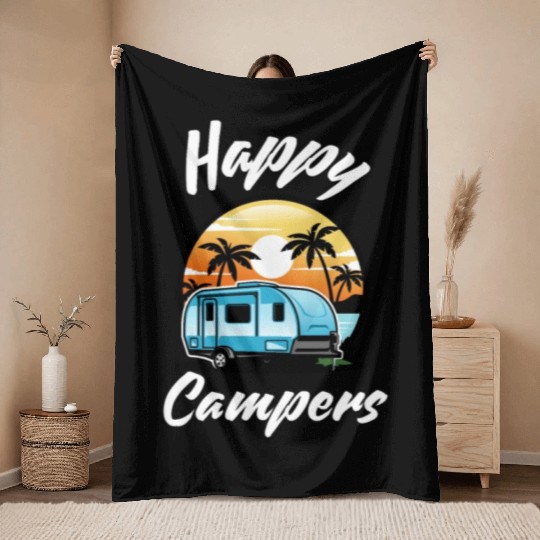 Funny Camping Hiking Lover Present Happy Camper Throw Blankets