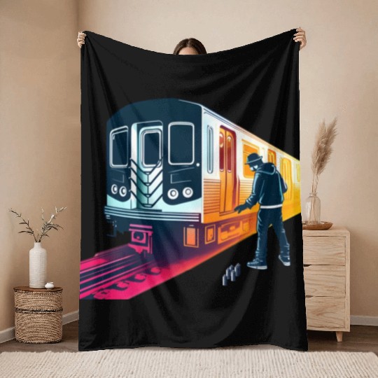 AI Teen at Subway Layup Masked Throw Blankets