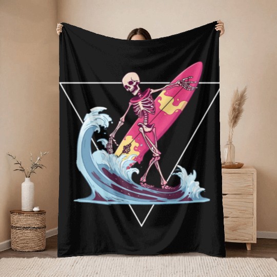 Surfer Skeleton Beach Summer Vibes Throw Blankets