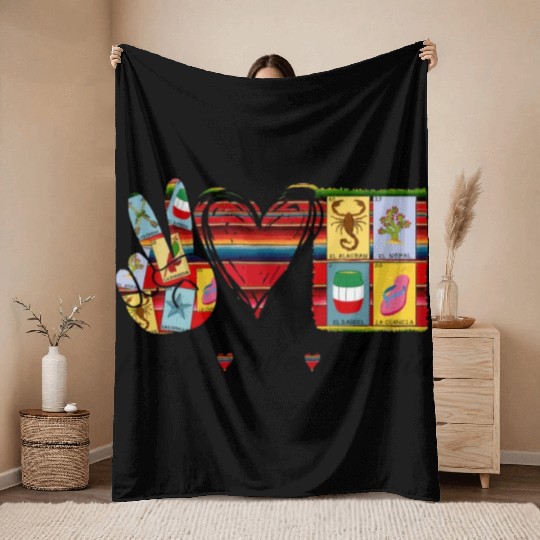 Peace Love Loteria Serape Mexican Bingo Card Throw Blankets