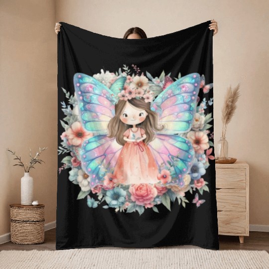 Little Fairy Girl with Butterfly and Flowers Gifts Throw Blankets