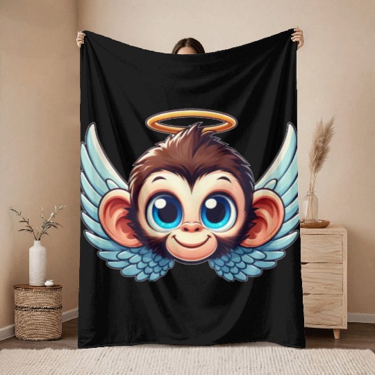 Monkey chimpanzee cartoon angel wings Throw Blankets