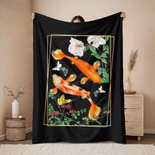 Japanese Koi Carp Nishikigoi Fish Cherry Blosso Throw Blankets