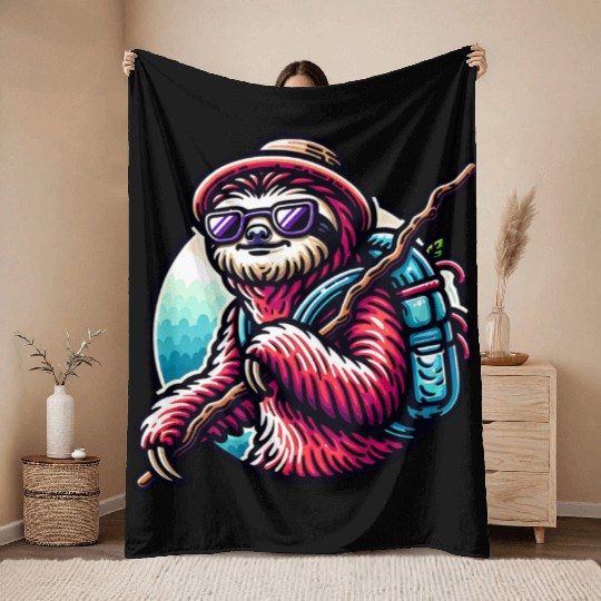 Cool Sloth Hiking Adventure in Nature Throw Blankets