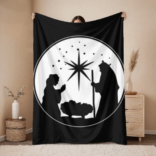 Nativity Scene Silhouette Christmas Market Vendor Throw Blankets