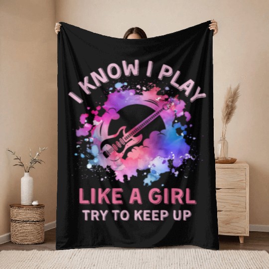 Women Guitar Girl Throw Blankets