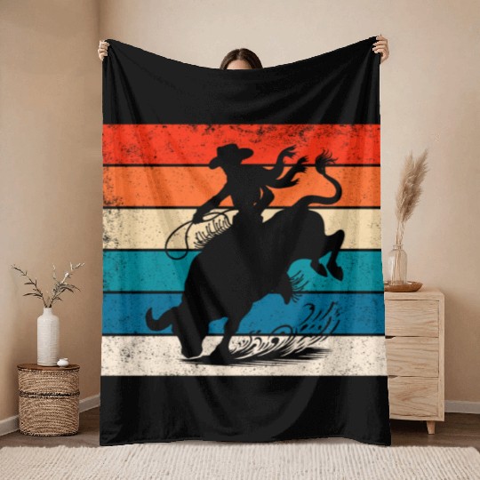 Bull Riding Rodeo Bull Riders Western Ranch Retro Throw Blankets