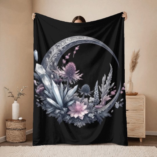 Crescent moon in silver, with crystals and flowers Throw Blankets