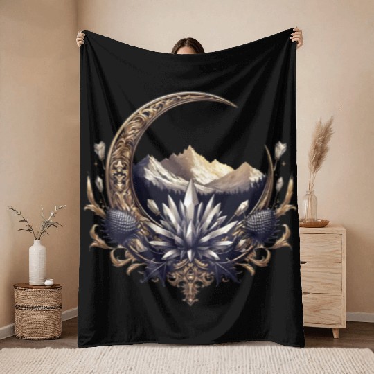 Crescent moon in gold, with crystals and mountains Throw Blankets