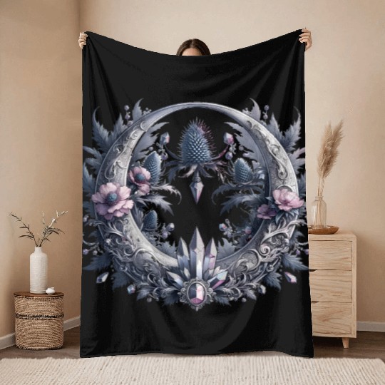 Crescent moon in silver, with crystals and flowers Throw Blankets