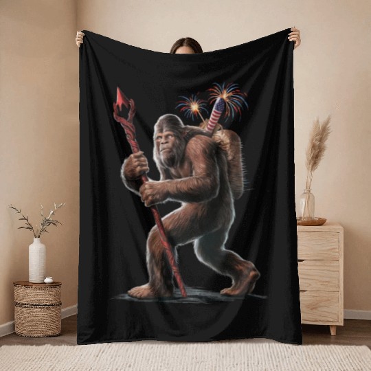 Bigfoot Fireworks 4th of July Usa Flag Sasquatch Throw Blankets