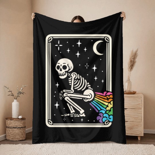 Tarot Card Skeleton Farting Rainbows LGBTQ Throw Blankets