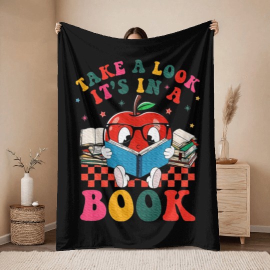 Apple Reading Books Lover Teacher Take A Look Throw Blankets