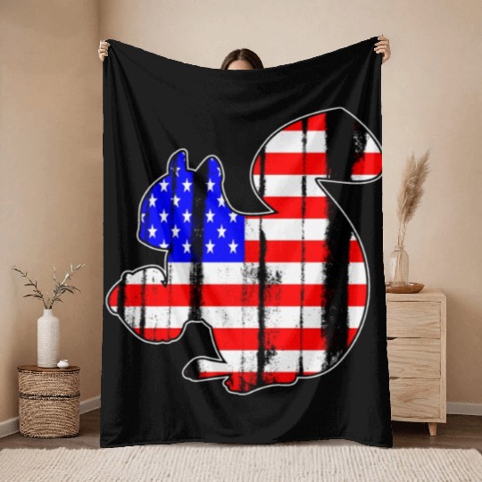 USA American Flag Squirrel Chipmunks Animal Lover Throw Blankets