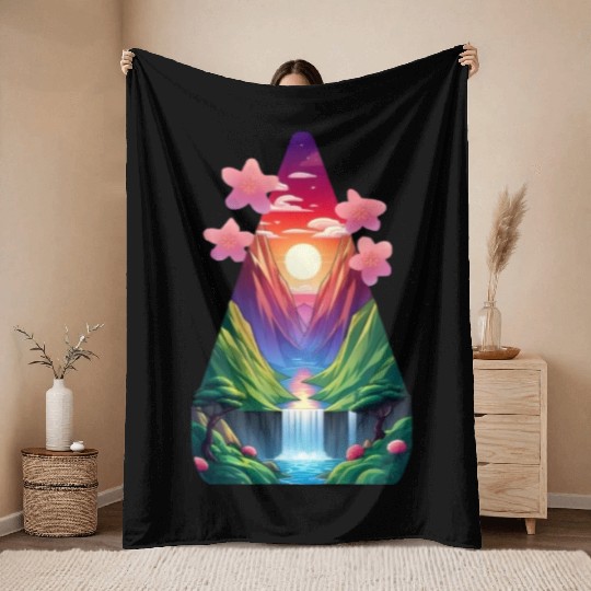 sunrise waterfall scenery Throw Blankets